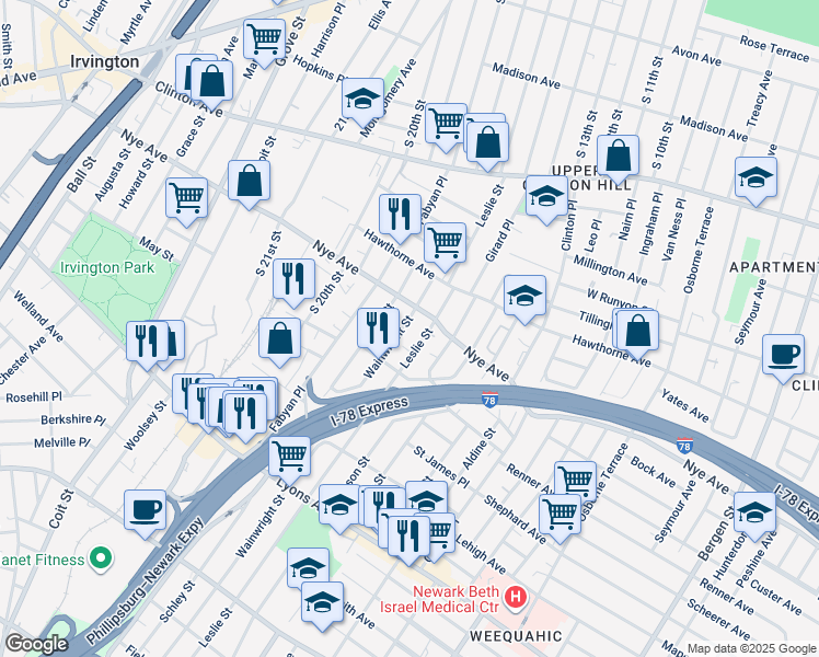 map of restaurants, bars, coffee shops, grocery stores, and more near 244 Nye Avenue in Newark