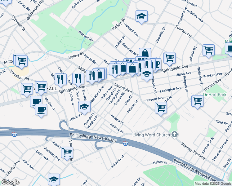 map of restaurants, bars, coffee shops, grocery stores, and more near 366 Oswald Place in Union