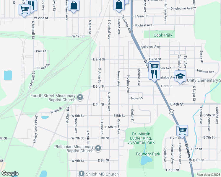map of restaurants, bars, coffee shops, grocery stores, and more near 1185 South Central Avenue in Lima