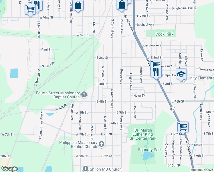 map of restaurants, bars, coffee shops, grocery stores, and more near 201 East 3rd Street in Lima