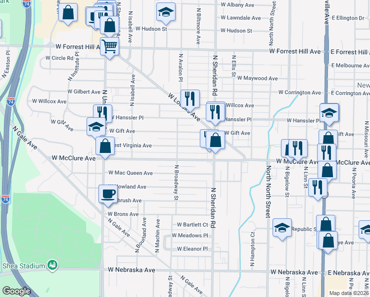 map of restaurants, bars, coffee shops, grocery stores, and more near 809 West Virginia Avenue in Peoria