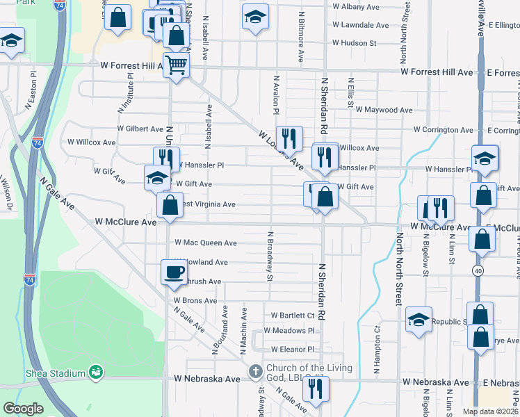 map of restaurants, bars, coffee shops, grocery stores, and more near 903 West Virginia Avenue in Peoria