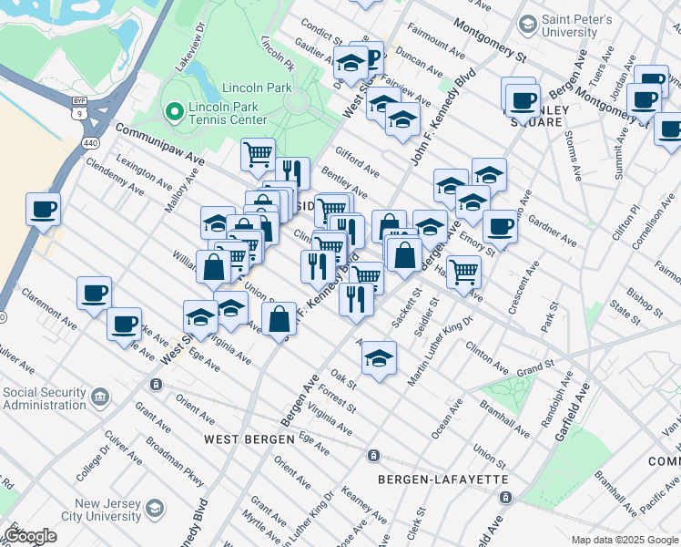 map of restaurants, bars, coffee shops, grocery stores, and more near John F Kennedy Blvd W & Oxford Ave in Jersey City