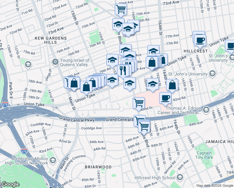 map of restaurants, bars, coffee shops, grocery stores, and more near 150-38 Union Turnpike in Queens
