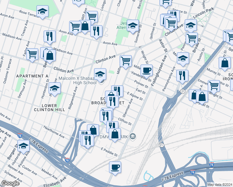 map of restaurants, bars, coffee shops, grocery stores, and more near 133 Elizabeth Avenue in Newark