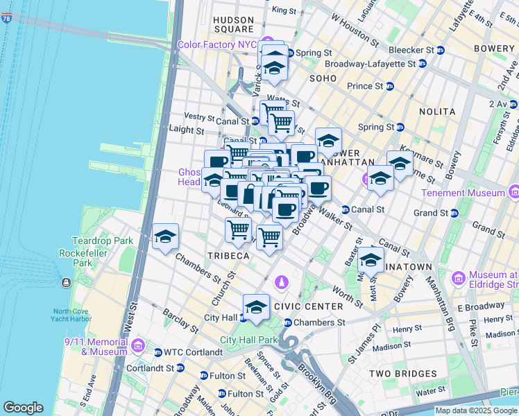 map of restaurants, bars, coffee shops, grocery stores, and more near Franklin Street in New York