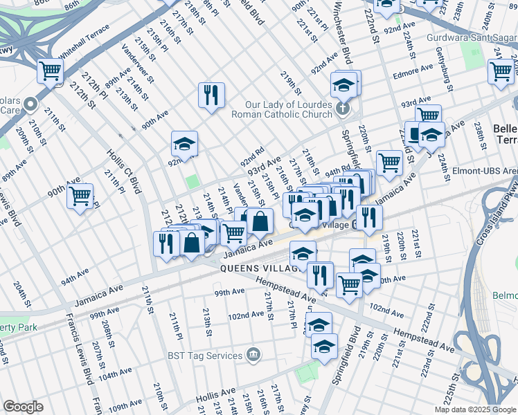 map of restaurants, bars, coffee shops, grocery stores, and more near 93-48 215th Place in Queens