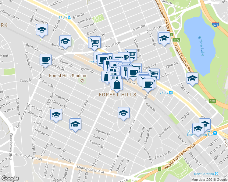 map of restaurants, bars, coffee shops, grocery stores, and more near 1 Station Square in Queens