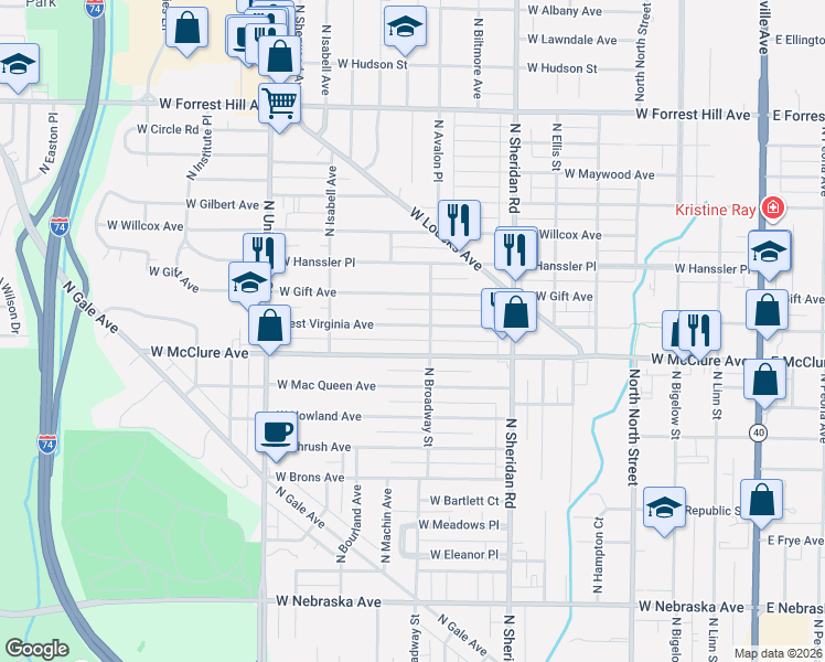 map of restaurants, bars, coffee shops, grocery stores, and more near 903 West Virginia Avenue in Peoria
