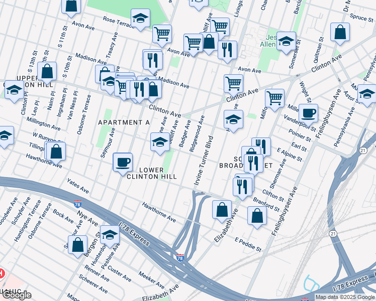 map of restaurants, bars, coffee shops, grocery stores, and more near 134 Ridgewood Avenue in Newark