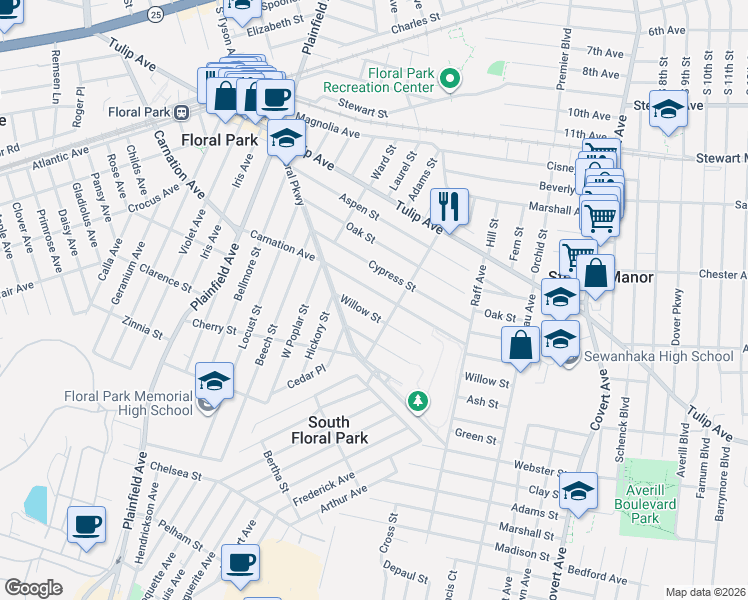 map of restaurants, bars, coffee shops, grocery stores, and more near 323 Carnation Avenue in Floral Park