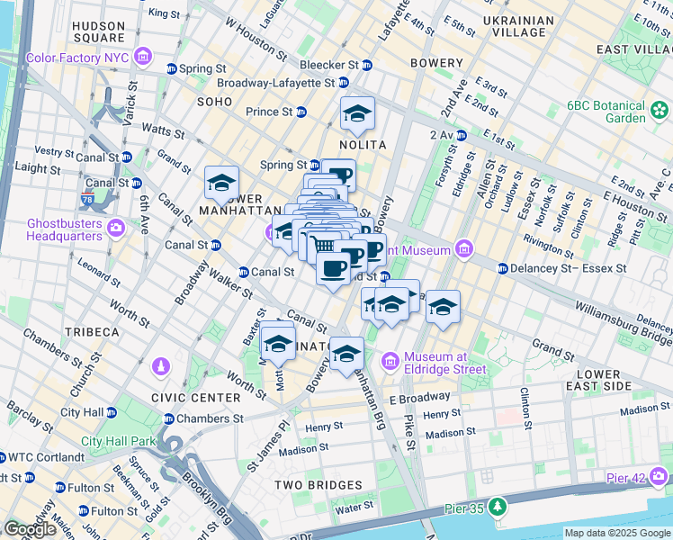 map of restaurants, bars, coffee shops, grocery stores, and more near 203 Grand Street in New York