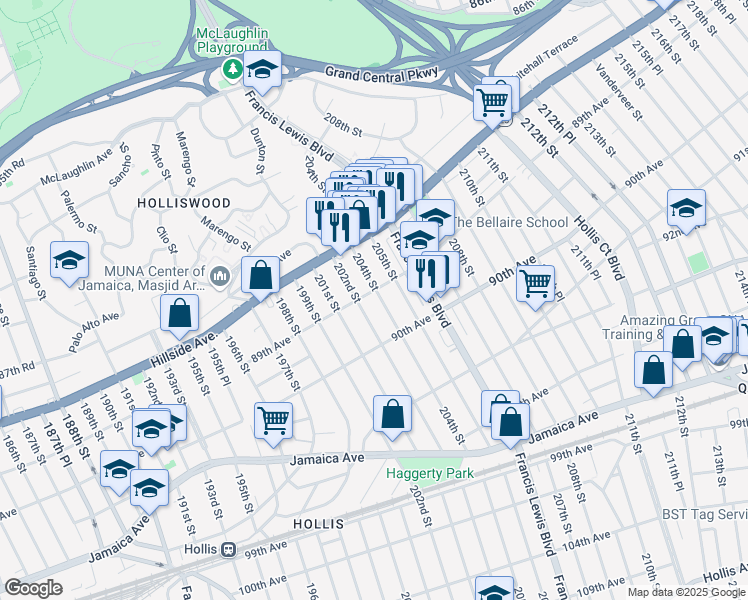 map of restaurants, bars, coffee shops, grocery stores, and more near 89-06 204th Street in Queens