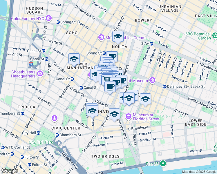 map of restaurants, bars, coffee shops, grocery stores, and more near 203 Grand Street in New York