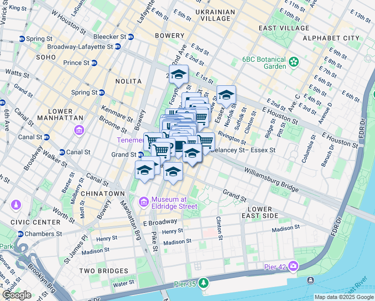 map of restaurants, bars, coffee shops, grocery stores, and more near 11 Allen Malls in New York