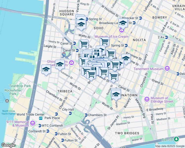 map of restaurants, bars, coffee shops, grocery stores, and more near 407 Broadway in New York
