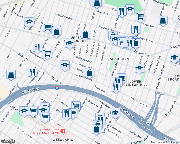 map of restaurants, bars, coffee shops, grocery stores, and more near 274 West Runyon Street in Newark