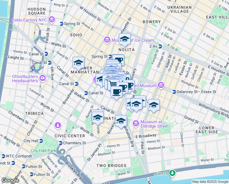 map of restaurants, bars, coffee shops, grocery stores, and more near 203 Grand Street in New York