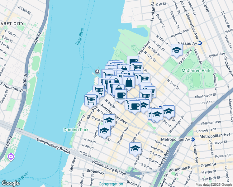 map of restaurants, bars, coffee shops, grocery stores, and more near 50 North 5th Street in Brooklyn