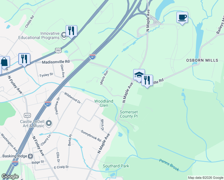 map of restaurants, bars, coffee shops, grocery stores, and more near 10 Riggs Court in Basking Ridge