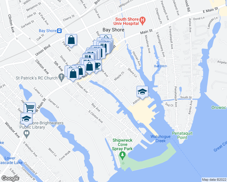 map of restaurants, bars, coffee shops, grocery stores, and more near 52 Maple Avenue in Bay Shore
