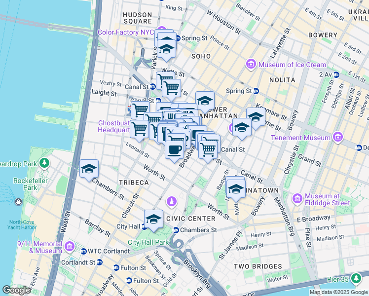 map of restaurants, bars, coffee shops, grocery stores, and more near 39 Walker Street in New York