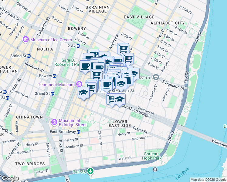 map of restaurants, bars, coffee shops, grocery stores, and more near 42 Clinton Street in New York