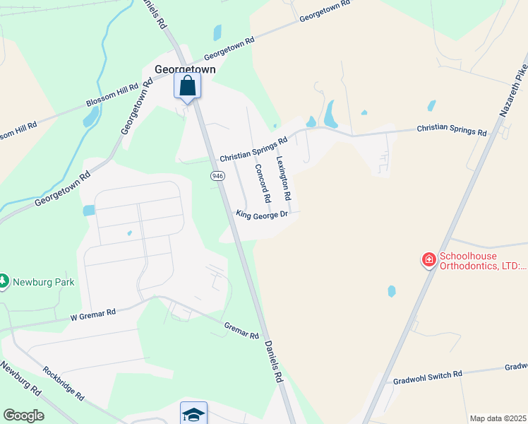 map of restaurants, bars, coffee shops, grocery stores, and more near 675 Concord Road in Nazareth