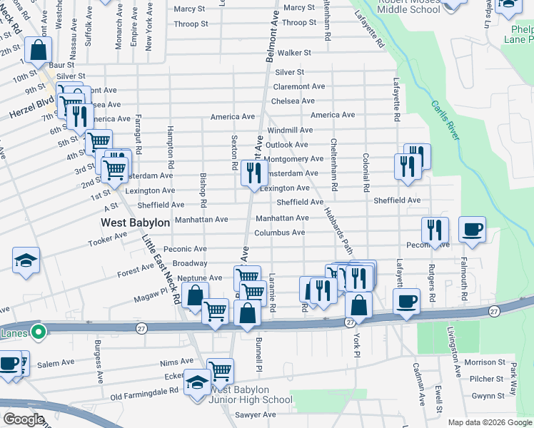 map of restaurants, bars, coffee shops, grocery stores, and more near 205 Belmont Avenue in West Babylon