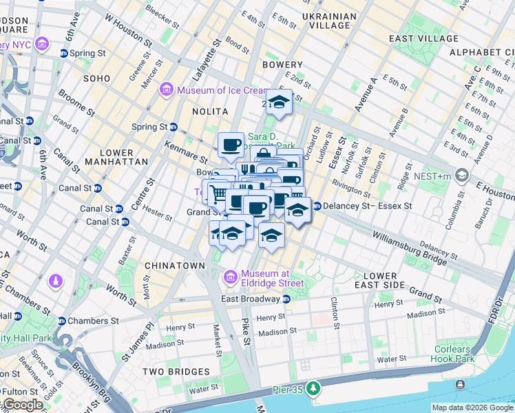 map of restaurants, bars, coffee shops, grocery stores, and more near 55 Delancey Street in New York
