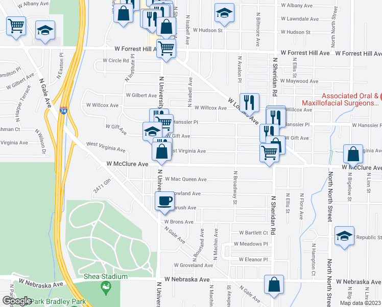 map of restaurants, bars, coffee shops, grocery stores, and more near 1110 West Virginia Avenue in Peoria