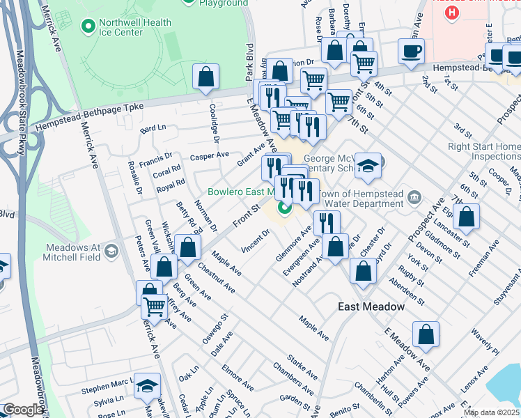 map of restaurants, bars, coffee shops, grocery stores, and more near 1810 Front Street in East Meadow