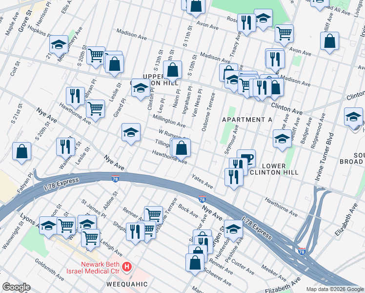map of restaurants, bars, coffee shops, grocery stores, and more near 274 West Runyon Street in Newark