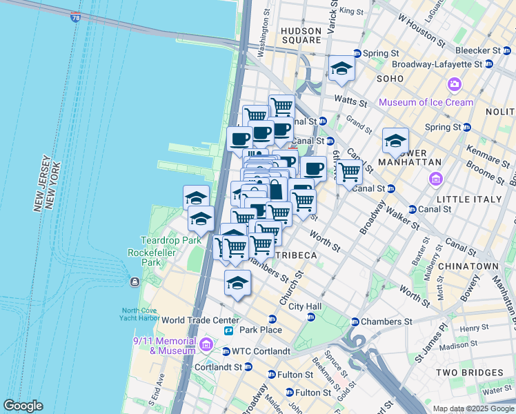 map of restaurants, bars, coffee shops, grocery stores, and more near 361 Greenwich Street in New York