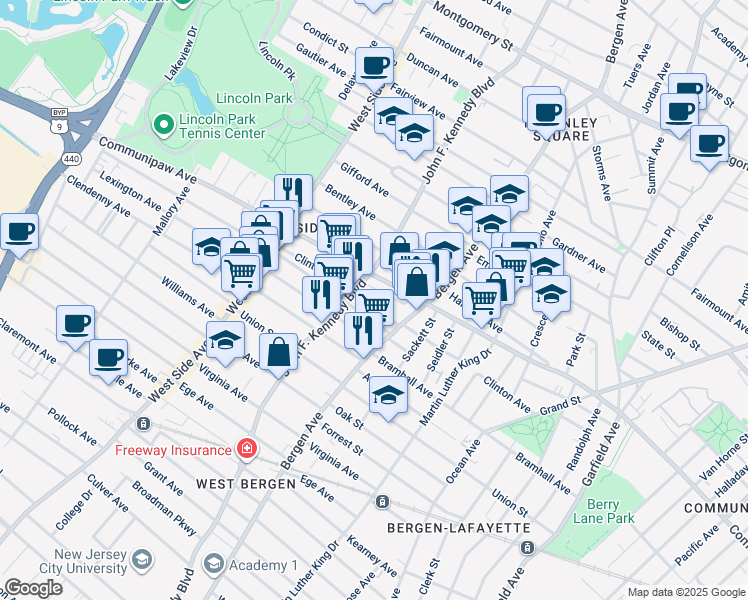 map of restaurants, bars, coffee shops, grocery stores, and more near 164 Clinton Avenue in Jersey City