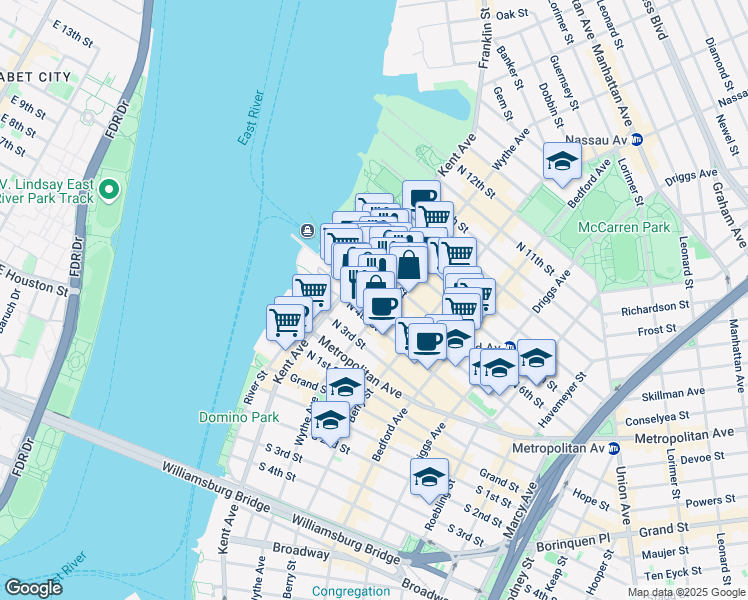 map of restaurants, bars, coffee shops, grocery stores, and more near 55 North 5th Street in Brooklyn