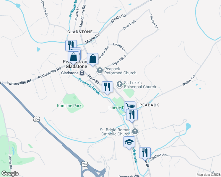 map of restaurants, bars, coffee shops, grocery stores, and more near 205 Main Street in Peapack and Gladstone