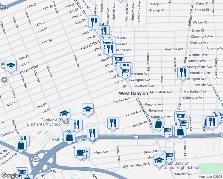 map of restaurants, bars, coffee shops, grocery stores, and more near 1571 1st Street in West Babylon