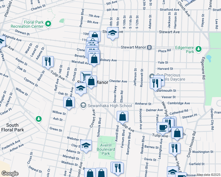 map of restaurants, bars, coffee shops, grocery stores, and more near 142 Carlton Terrace in Stewart Manor