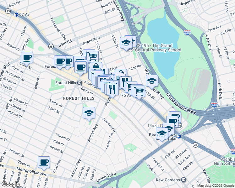 map of restaurants, bars, coffee shops, grocery stores, and more near 110-7 73rd Road in Queens