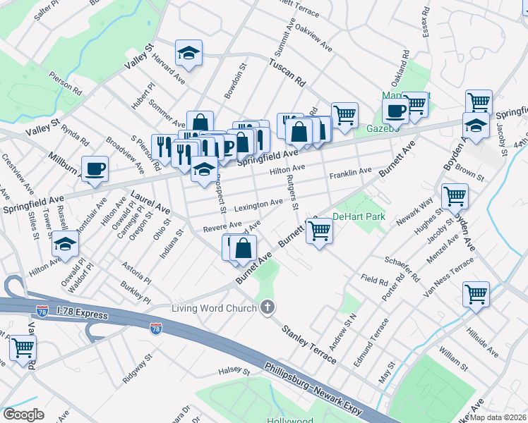 map of restaurants, bars, coffee shops, grocery stores, and more near 45 Princeton Street in Maplewood