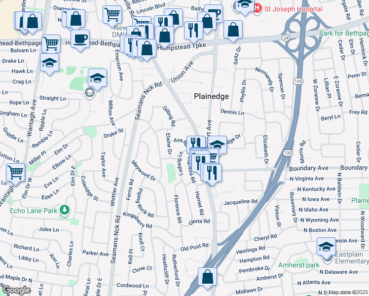 map of restaurants, bars, coffee shops, grocery stores, and more near 4313 Ava Road in Bethpage