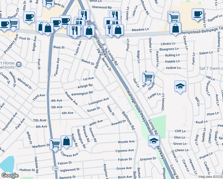 map of restaurants, bars, coffee shops, grocery stores, and more near 2722 Sheila Court in East Meadow