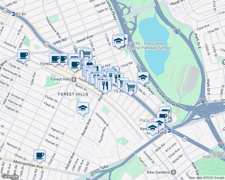 map of restaurants, bars, coffee shops, grocery stores, and more near 110-7 73rd Road in Queens