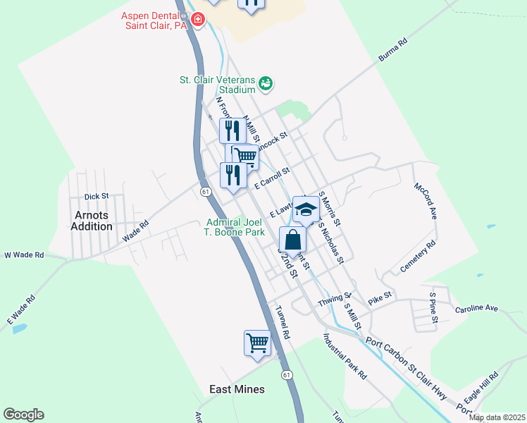 map of restaurants, bars, coffee shops, grocery stores, and more near 23 South 2nd Street in Saint Clair