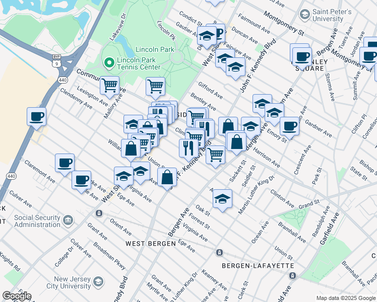 map of restaurants, bars, coffee shops, grocery stores, and more near 70 Lexington Avenue in Jersey City