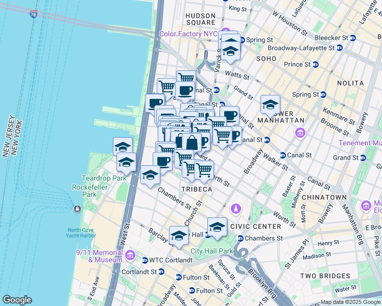 map of restaurants, bars, coffee shops, grocery stores, and more near 162 Franklin Street in New York
