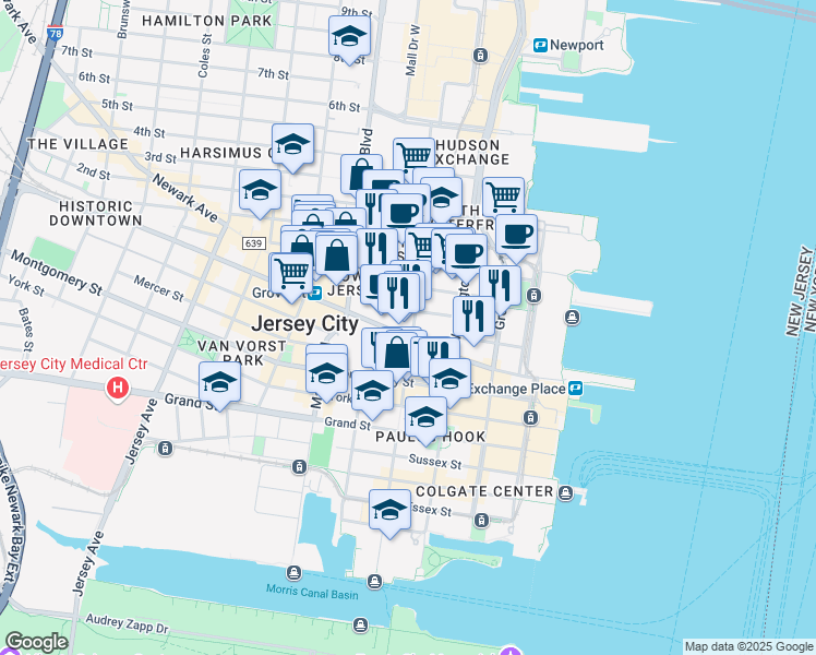 map of restaurants, bars, coffee shops, grocery stores, and more near 50 Christopher Columbus Drive in Jersey City