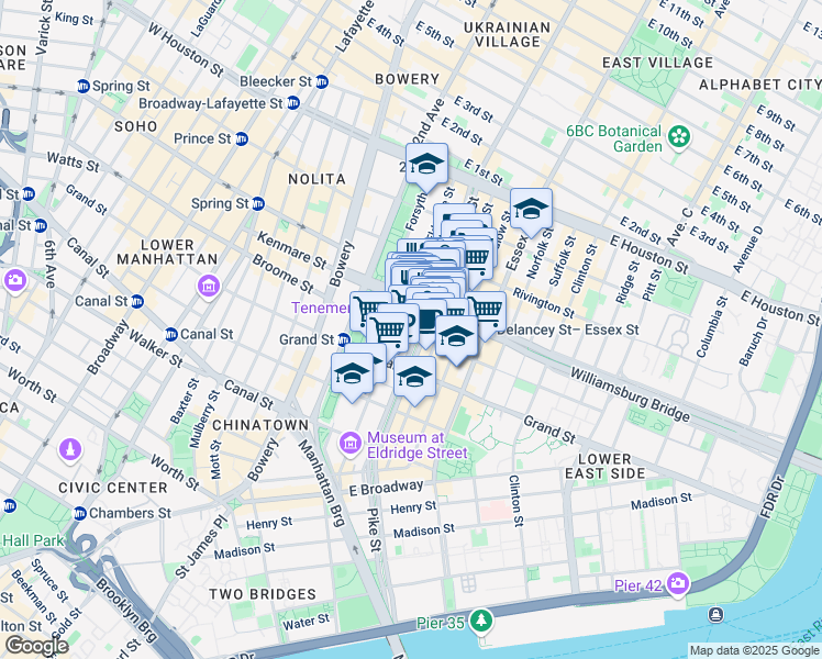 map of restaurants, bars, coffee shops, grocery stores, and more near 280 Broome Street in New York