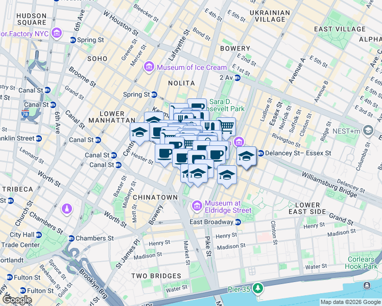 map of restaurants, bars, coffee shops, grocery stores, and more near 111 Chrystie Street in New York